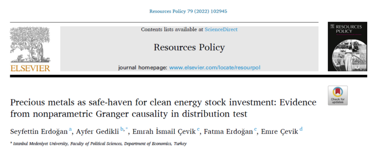 The Article Examining the Relationship Between Clean Energy Resources and Precious Metal Prices, of which Prof. Seyfettin ERDOĞAN is the Lead Author, Published in Resources Policy Journal